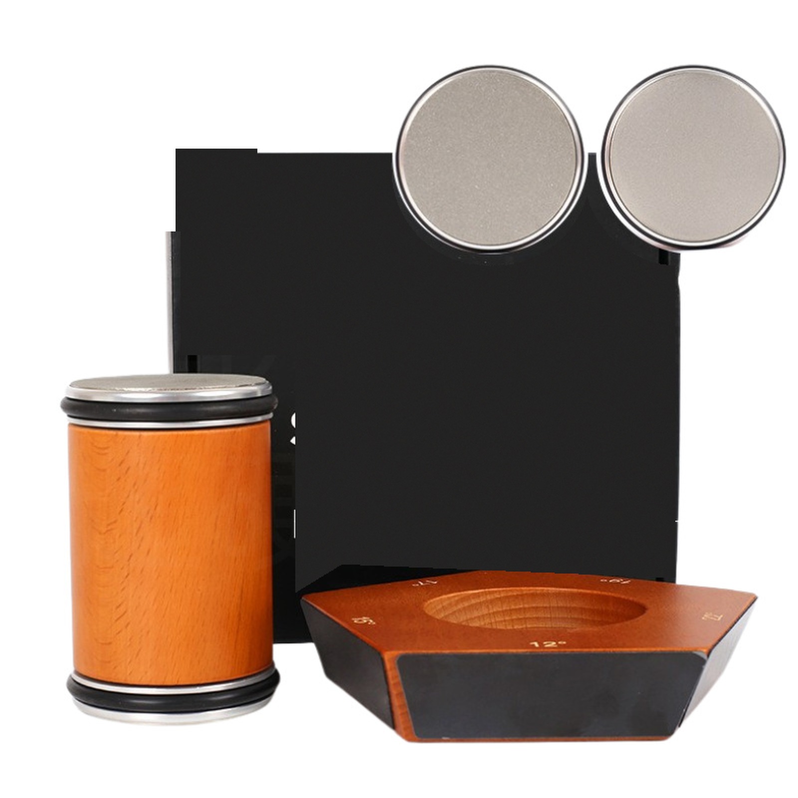 Five-angle magnetic wood guide, wood sharpening roller, two abrasive discs, and a plain black box